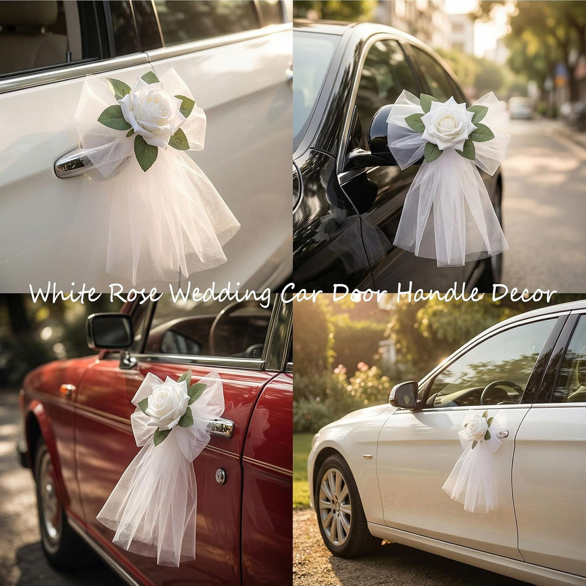 4 Pcs Wedding Car Door Handle Flowers with Tulle and Suction Cups | 12 cm white rose tulle bows with suction cups for car handles, mirrors, windows, bridal exits and wedding photos
