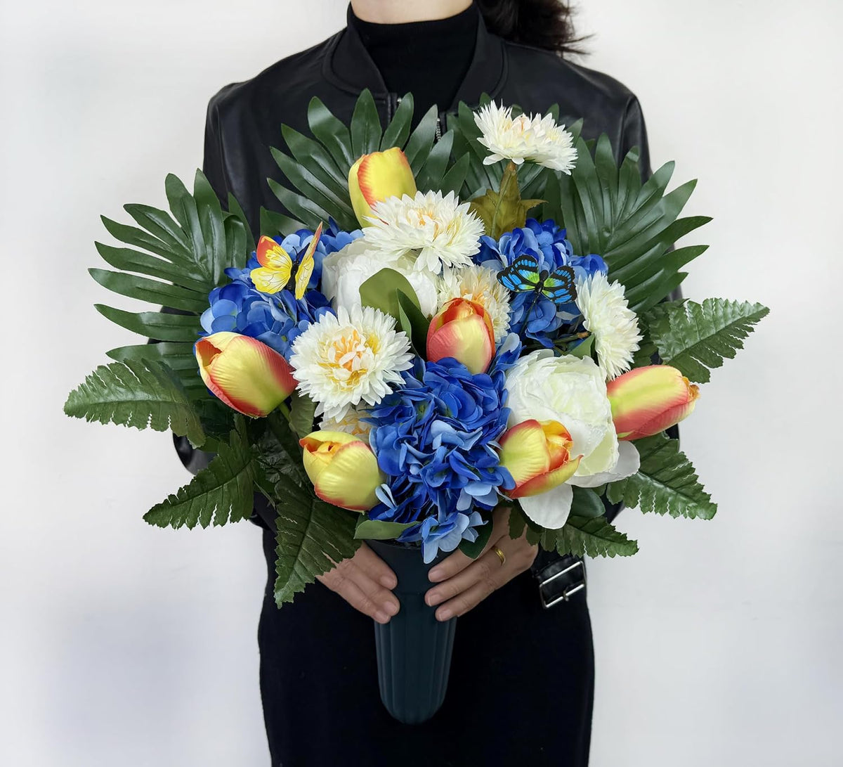 Artificial Cemetery Flowers for Grave,Memorial Flowers Bouquet with Vase for Headstones Decoration,Blue Rose Tulip Hydrangea