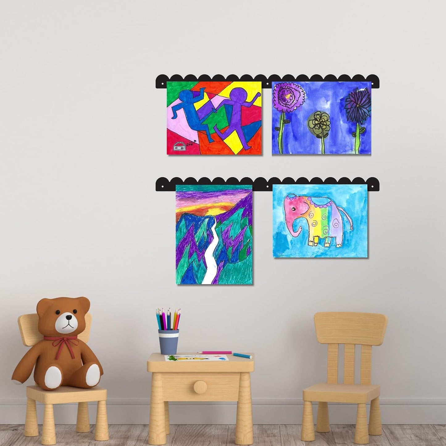 Scalloped Magnetic Art Display for Kids Artwork & Photos (Set of 2) – Kids Artwork Display for Wall – Magnetic Photo Display Strips with Push-Pin Magnets (Black, 23in)