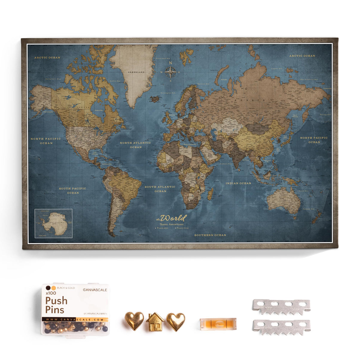 Canvas World Map with Cork Pin Board - English Lettering - Decorative Wall Decoration for All Rooms - Canvas Pictures with World Map Motif (70x50 cm, Pattern 20)
