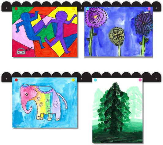 Scalloped Magnetic Art Display for Kids Artwork & Photos (Set of 2) – Kids Artwork Display for Wall – Magnetic Photo Display Strips with Push-Pin Magnets (Black, 23in)