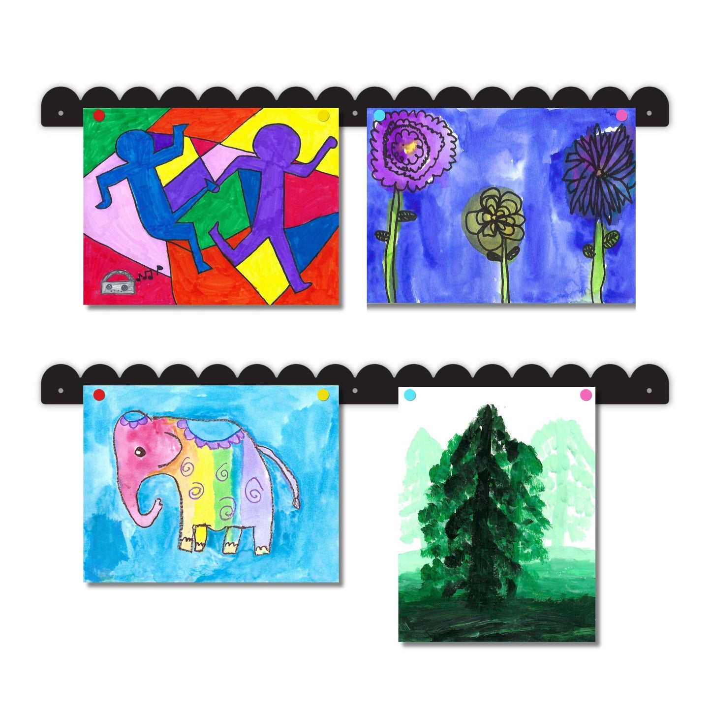 Scalloped Magnetic Art Display for Kids Artwork & Photos (Set of 2) – Kids Artwork Display for Wall – Magnetic Photo Display Strips with Push-Pin Magnets (White, 23in)