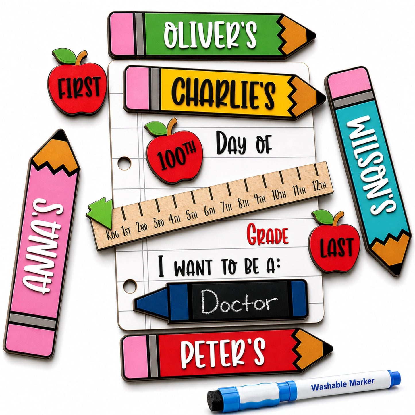 First & Last Day of School Board with Personalized Wood Name, Reusable Dry Erase School Sign for Preschool, Pre-K & Kindergarten, Back to School Keepsake Gift, Includes Marker (D19)