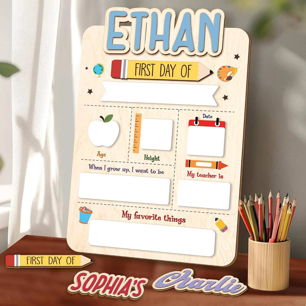 Personalized School Milestone Board, First & Last Day of School Sign with Custom Wooden Name, Reusable Dry Erase Board for Preschool, Kindergarten, Elementary Kids, 8x10/10x12 (D20)