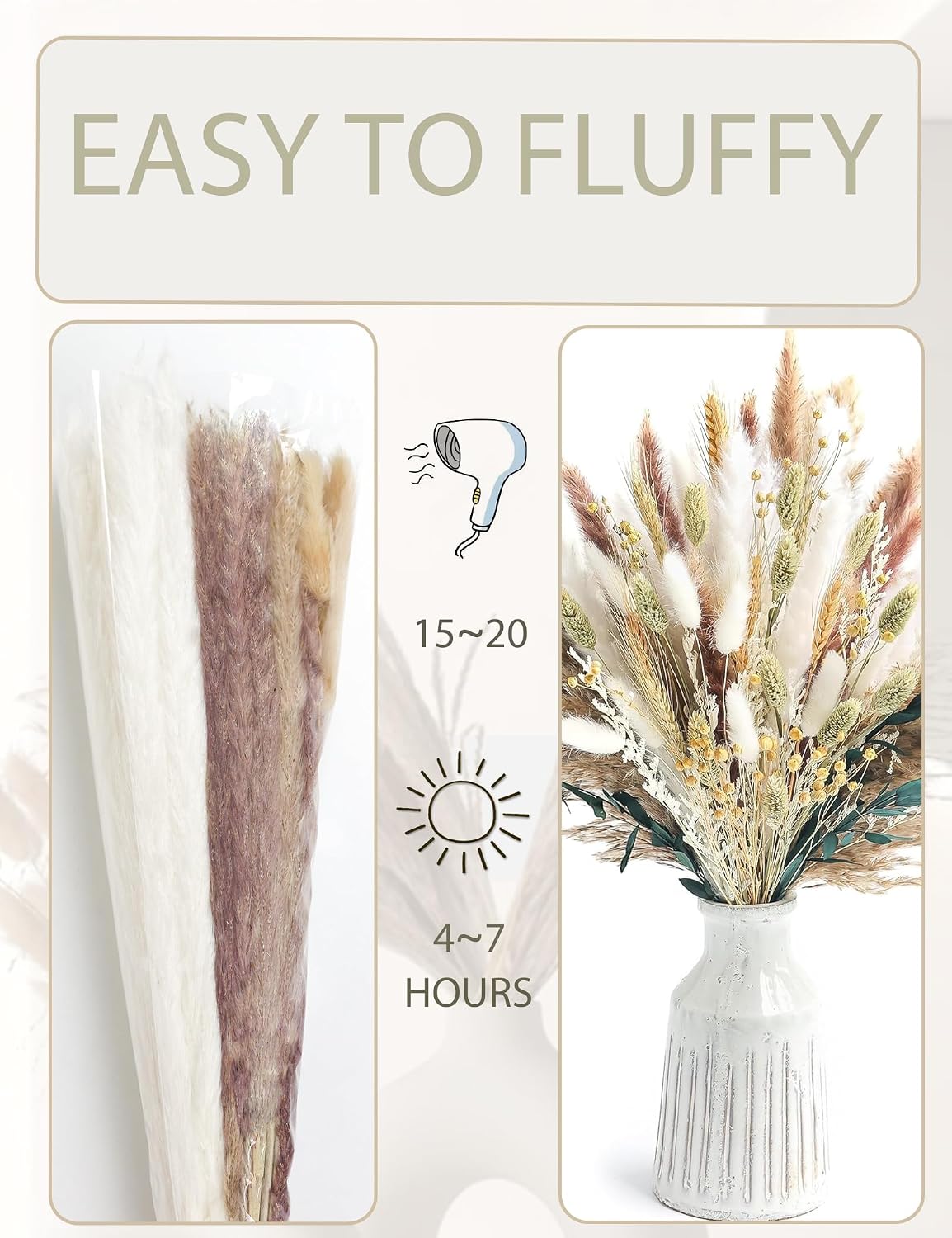 xin's convey 126pcs Dried Pampas Grass Decorations, Dried Flowers Bouquet, Reed Grass Bouquet for Boho Floral Wedding, Bedroom, Rustic Farmhouse Decor. (White)