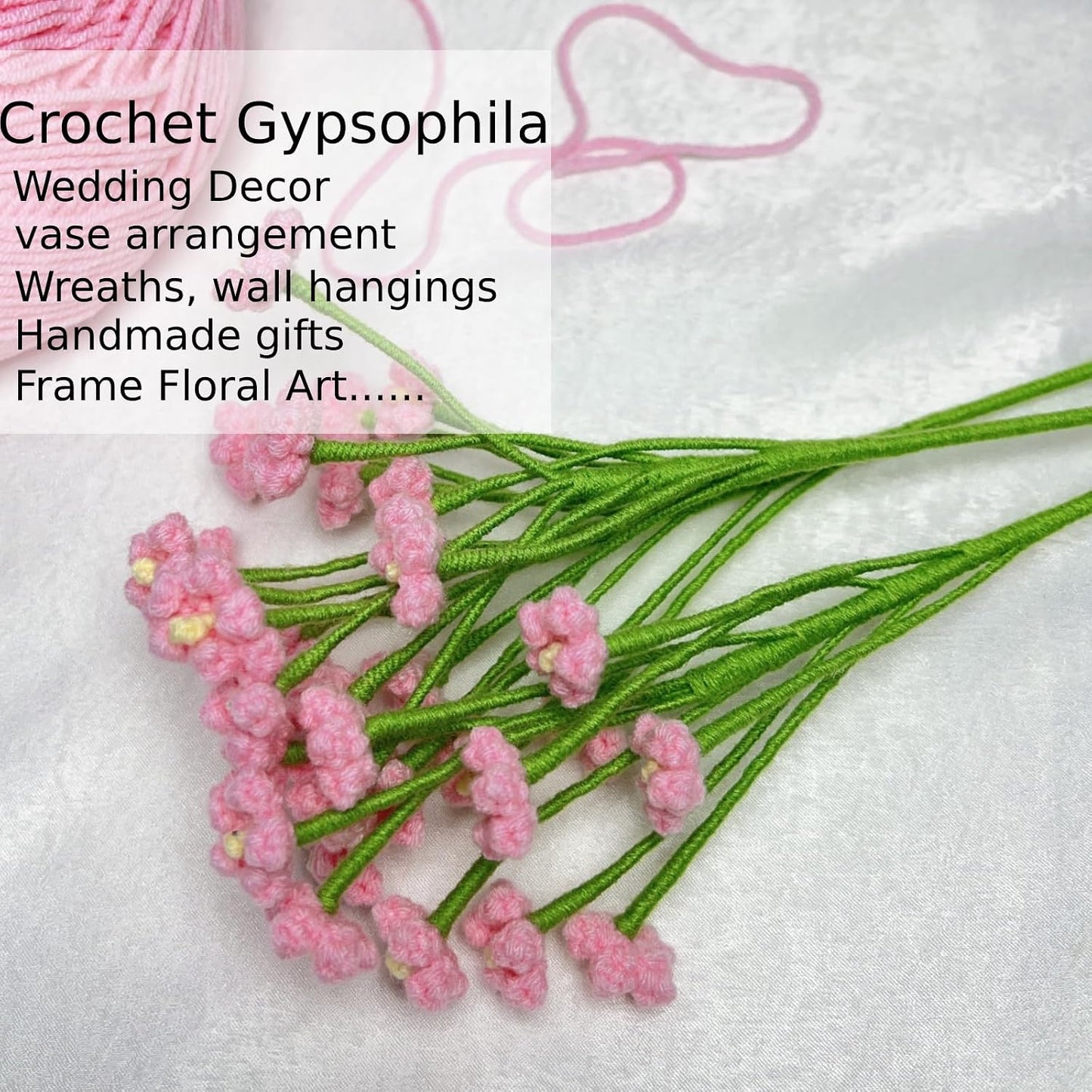 3Pcs Handmade Crochet Baby's Breath Bouquet, Bendable Stem Gypsophila, Forever Yarn Flower for Graduation Mother's Day Birthday Gift, Boho Farmhouse Desk Bedroom Home Decor(Pink)