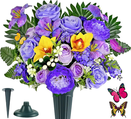 Artificial Cemetery Flowers for Grave,Memorial Flowers Bouquet with Vase for Headstones Decoration,Purple Rose Hibiscus Cymbidium Berry