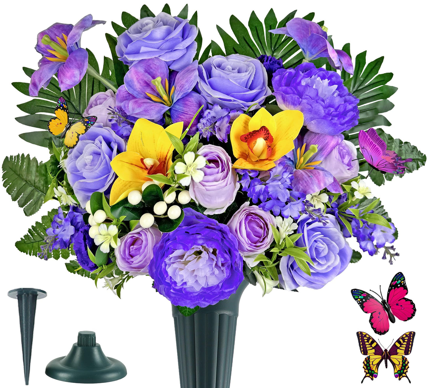 Artificial Cemetery Flowers for Grave,Memorial Flowers Bouquet with Vase for Headstones Decoration,Bright and Vibrant Sunflower Rose Daisy