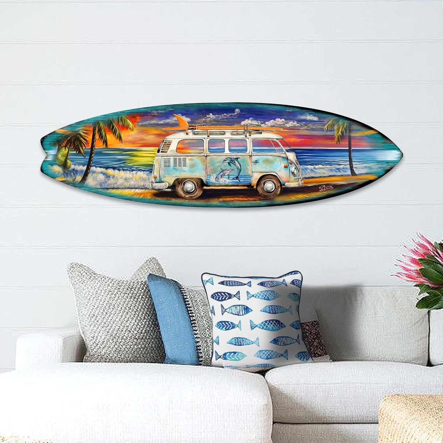48-inch Surf Van at the Beach Wall Art, Handcrafted Coastal Holiday Décor by G. Debrekht