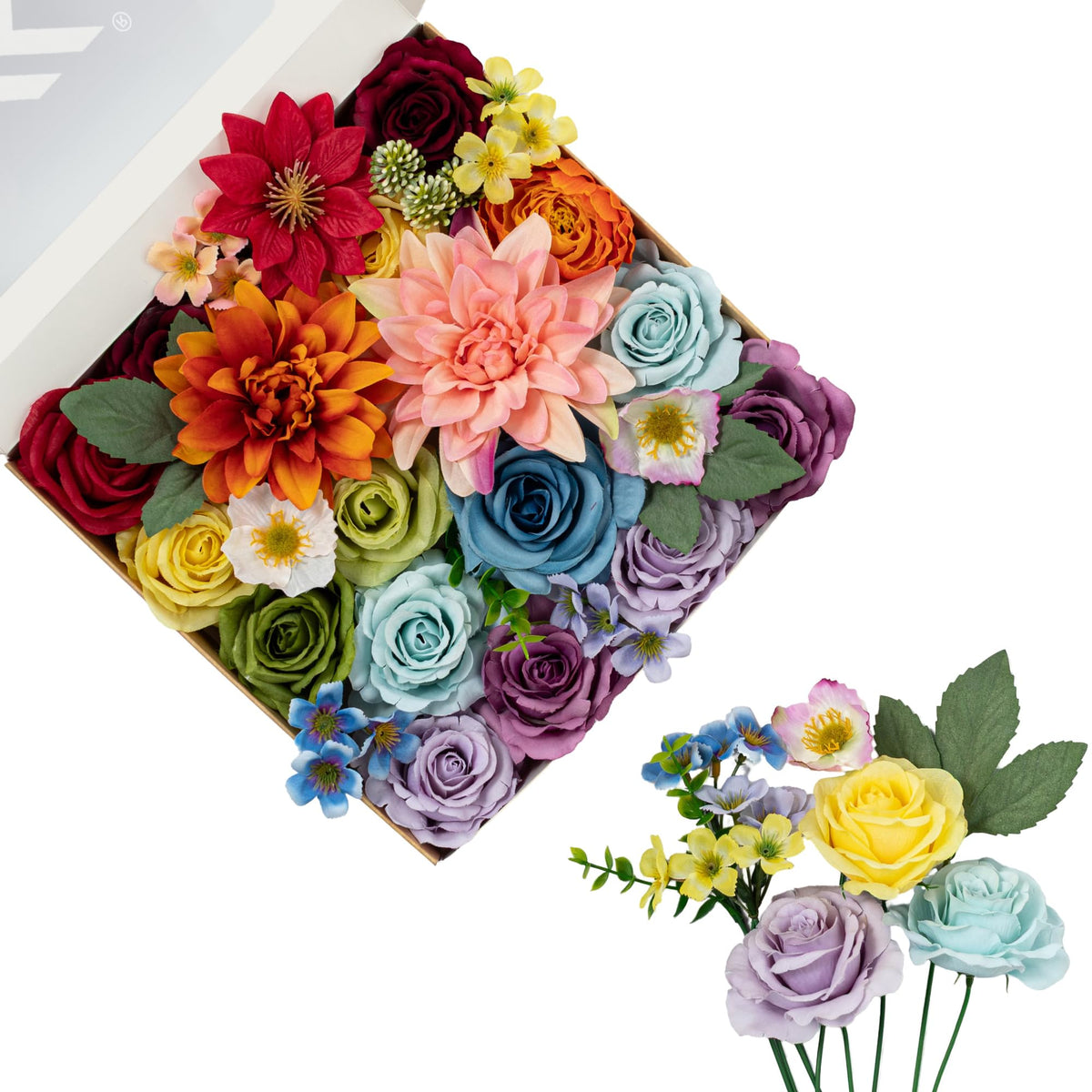 Artificial Flowers DIY Bouquet Combo Faux Rose for Home Decor | Blue White Yellow Fake Dahlia Daisy Hydrangea for Vase, Floral Arrangement, Centerpieces, Wedding Arches, Party Décor