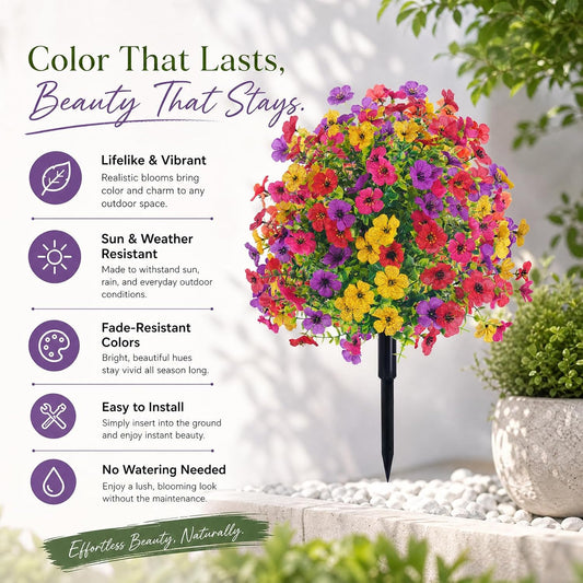 22 Inch Artificial Flowers and shrubs with Stakes, 4 Colors Mix, 165 Blooms Per Stem, Vibrant Color & No Fade, Heavy Duty Stakes for Yard Lawn Patio All Season Outdoor Decor (2Pcs)