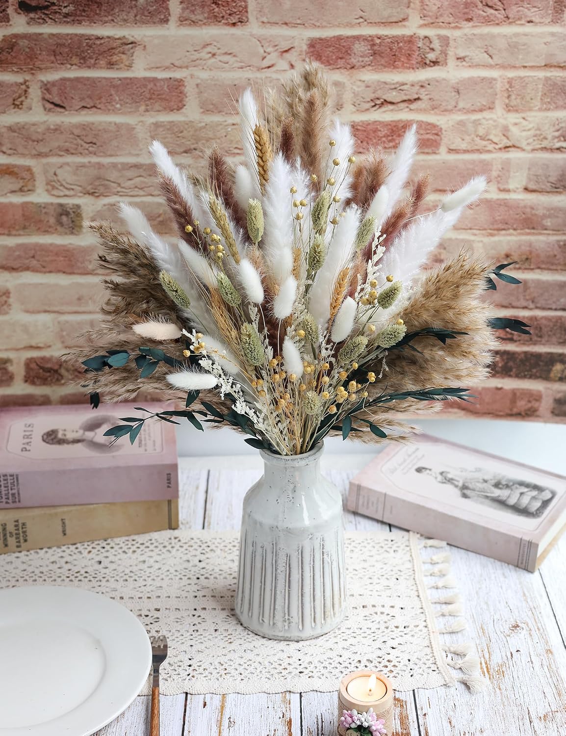 xin's convey 126pcs Dried Pampas Grass Decorations, Dried Flowers Bouquet, Reed Grass Bouquet for Boho Floral Wedding, Bedroom, Rustic Farmhouse Decor. (White)
