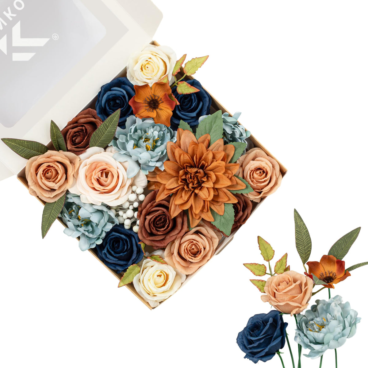 Artificial Flowers DIY Bouquet Combo Faux Rose for Home Decor | Blue White Fake Roses Dahlia Daisy Silk Flowers for Vase, Wedding Centerpiece, Floral Arrangement Décor