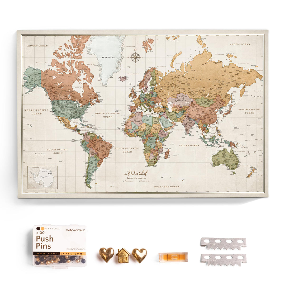 Canvas World Map with Cork Pin Board - English Lettering - Decorative Wall Decoration for All Rooms - Canvas Pictures with World Map Motif (70x50 cm, Pattern 20)