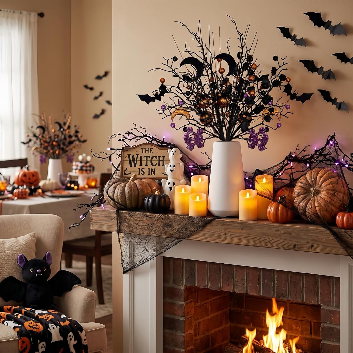 4PCS Halloween Tree Picks Decorative, Black Branches with Glittery Spider,4-Piece Set, Black Branches and Purple Spooky Branch Sprays, Indoor Halloween Decor for Table Centerpieces, Vase Bouquet