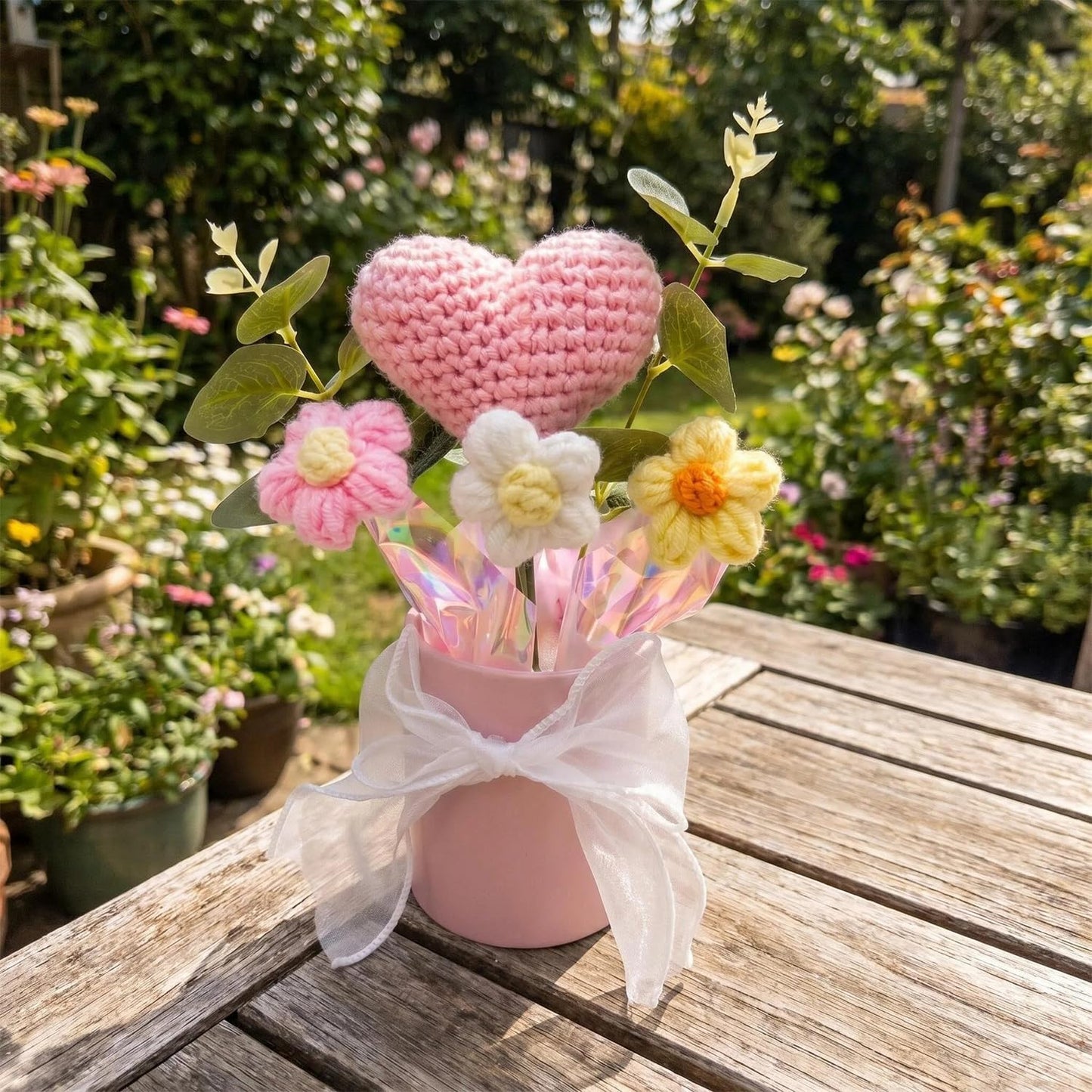 Crochet Pink Flower Bouquet, Small Handmade Desktop Decor Gifts For Women | Skin-friendly, Odor-free yarn, Pollen-free, Hypoallergenic, Great for Birthday, Mother's Day, Daughter & Grandma Gifts