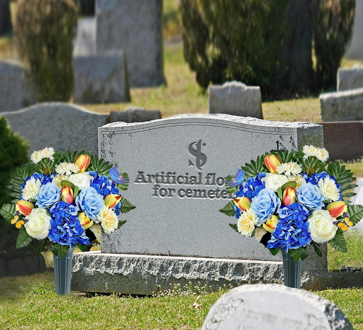 Artificial Cemetery Flowers for Grave,Memorial Flowers Bouquet with Vase for Headstones Decoration,Blue Rose Tulip Hydrangea