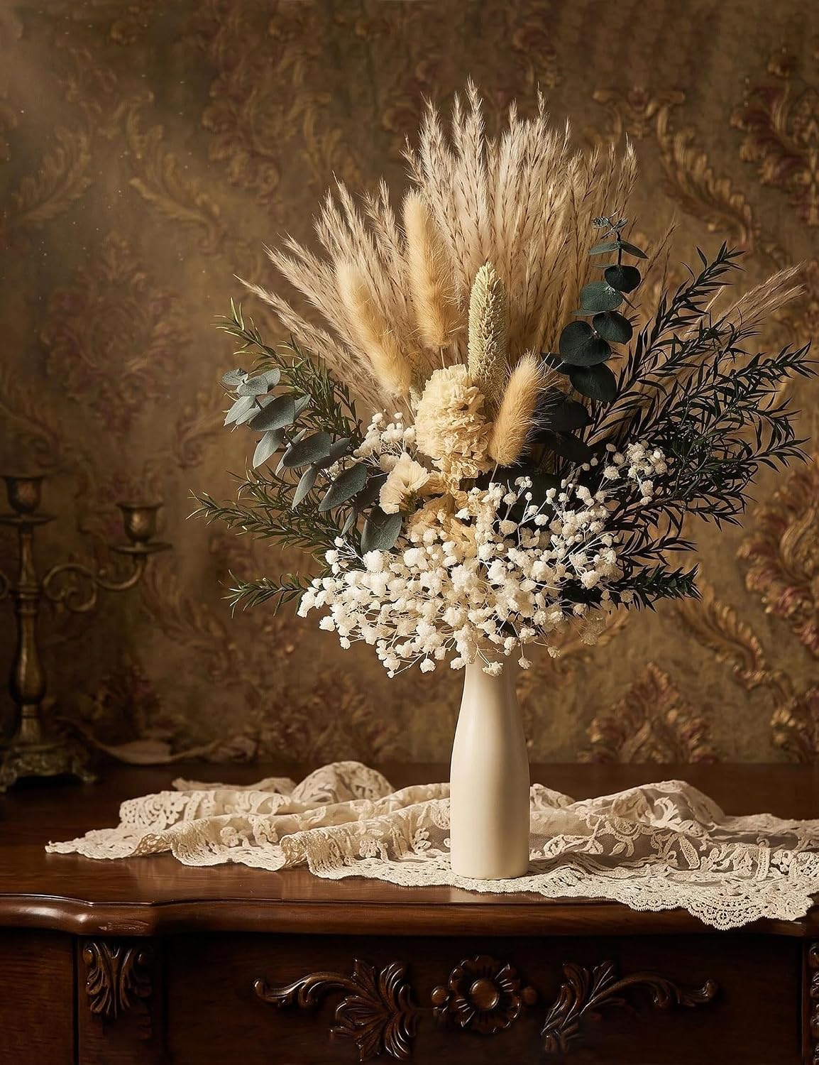 xin's convey Dried Flower Bouquet with Ceramic Vase, Pampas, Wedding Party Decoration, Farmhouse Decor, Wedding Table Centerpiece. (Green)