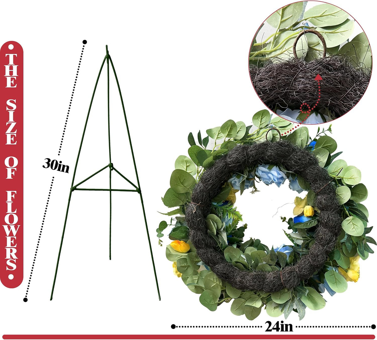 MUVIC Handmade Cemetery Wreath with Grave Holder, Artificial Flower Wreaths for Tombstone Decoration of Memorial Day/Mother's Day/Father's Day/Christmas,Blue,Yellow,White