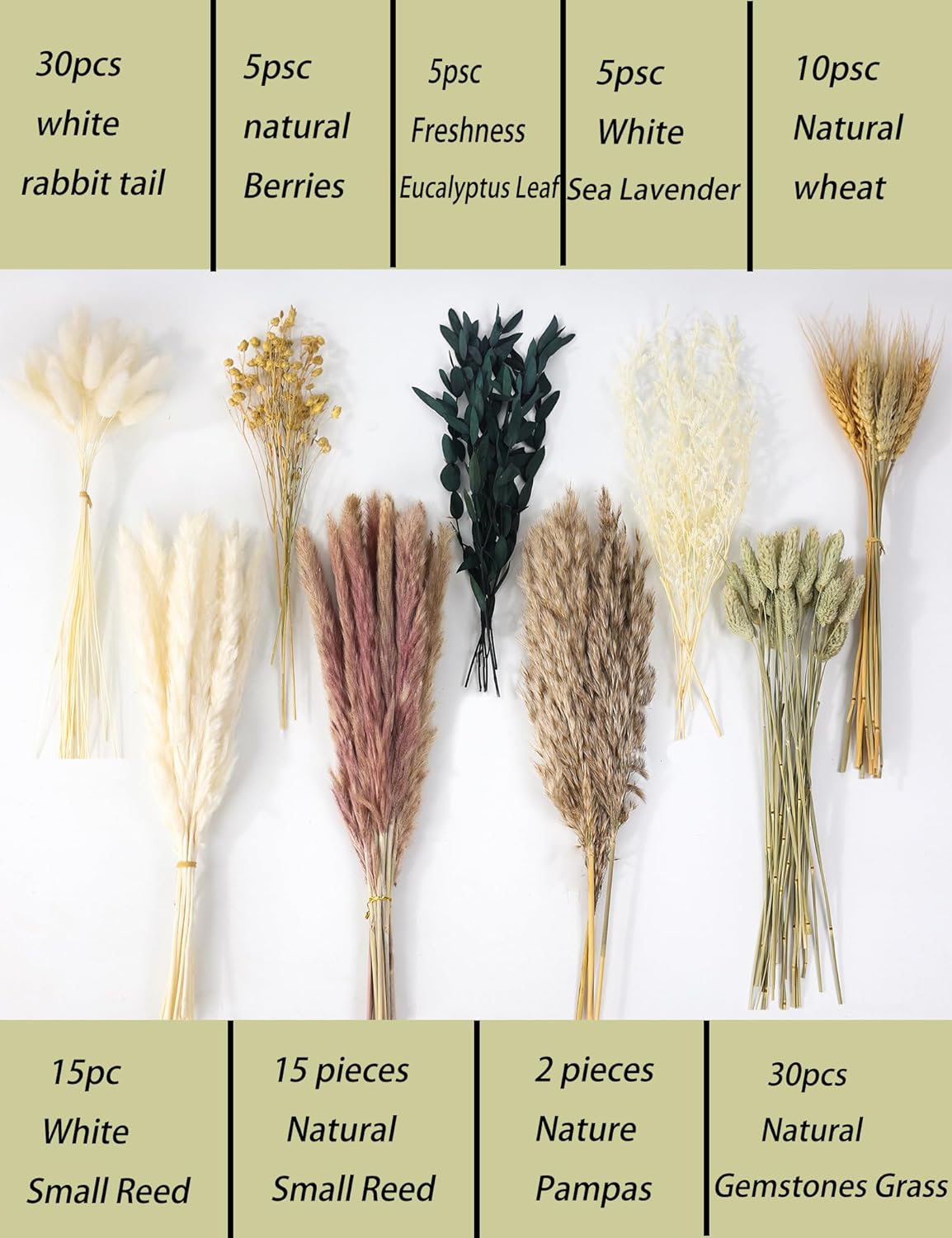 xin's convey 126pcs Dried Pampas Grass Decorations, Dried Flowers Bouquet, Reed Grass Bouquet for Boho Floral Wedding, Bedroom, Rustic Farmhouse Decor. (White)