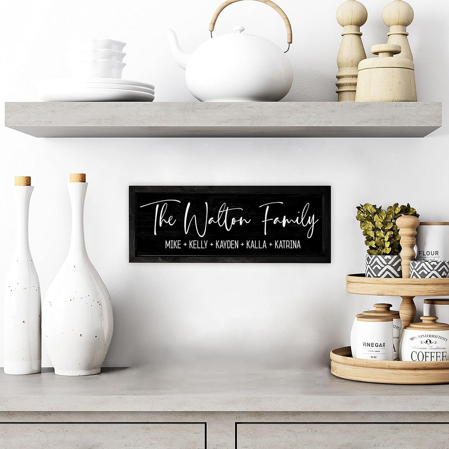 Personalized Framed Family Name Sign 8x24 – Black Frame, Black | solid poplar wood, printed canvas board, no decals, add text and est date, wedding housewarming gift, farmhouse