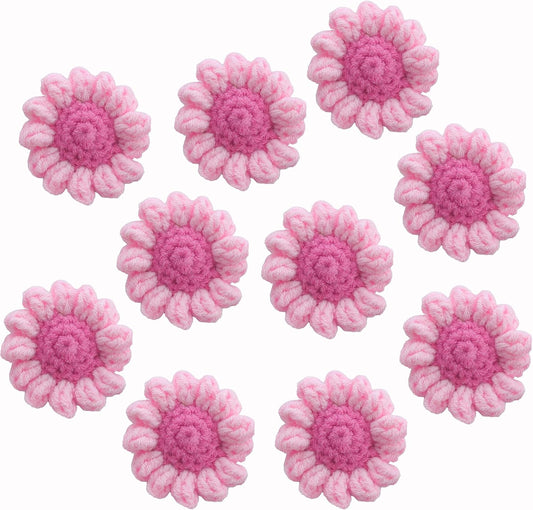 10 PCS Carmine Daisy Heads 2.16", Handmade Flatback for DIY Decor | Soft yarn material with handmade crochet look; flat back no stem; ideal for wreaths, sewing, cards, wedding & party decor