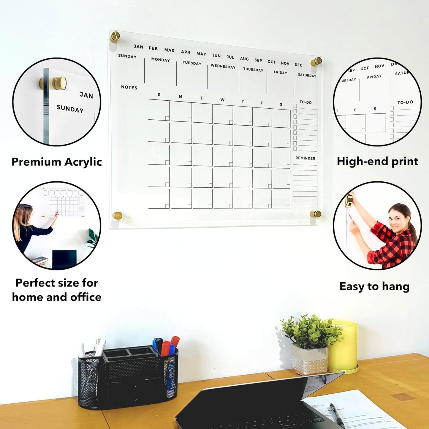 Weekly Premium Large Glass Calendar - Reusable Board for Office and Home - Dry Erase Board - Acrylic Wall Calendar w Marker (Gold Standoff, 24”x18” (Regular))