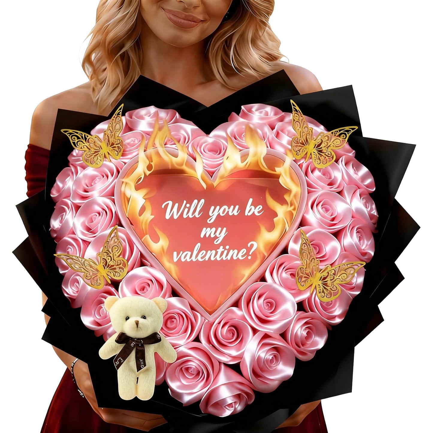 (Self-Assembly) Glitter Rose Bouquet with Initial, DIY Artificial Flowers | Custom Ribbon Text,DIY Glitter Rose Bouquet,Eternal Glitter Bouquet for Valentine's Day, Anniversary, Proposal, Birthday Gift