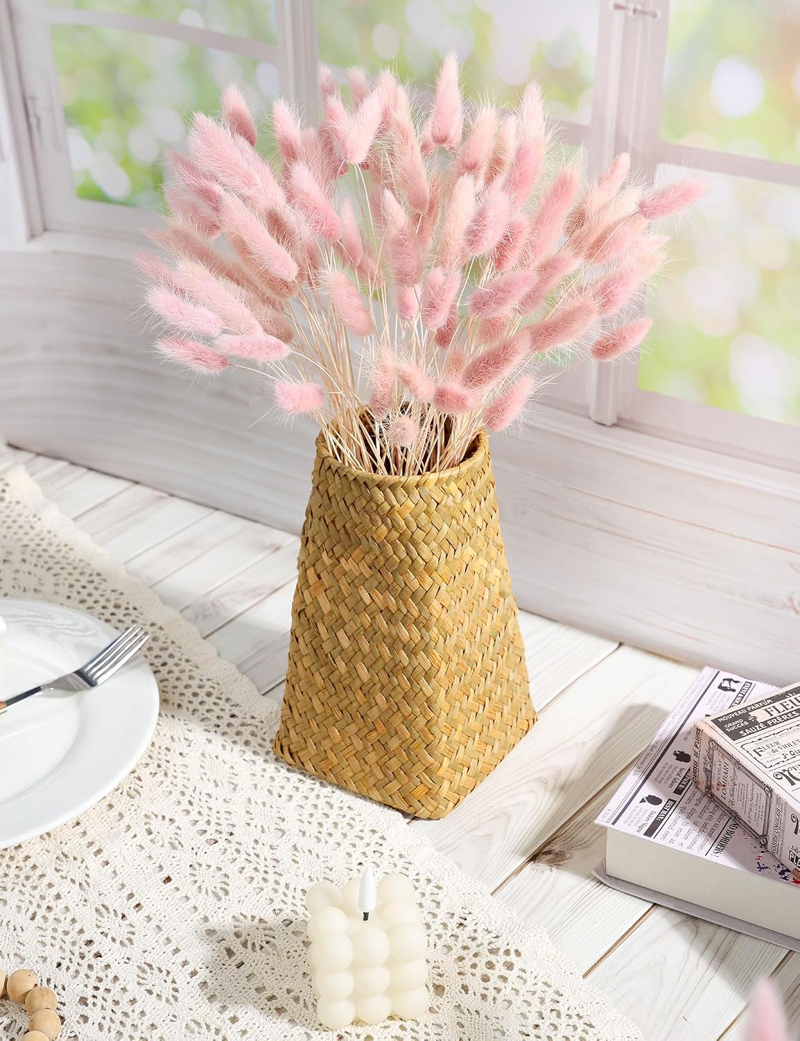 xin's convey 120pcs Dried Rabbit Tails, Dusty Pink Bunny Tails, Natural Bulk Dried Flowers for DIY Bohemian Wedding Rustic Party Decorations, Garlands, Cake Decorations. (Dusty Pink)