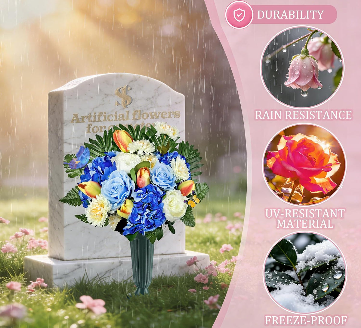 Artificial Cemetery Flowers for Grave,Memorial Flowers Bouquet with Vase for Headstones Decoration,Blue Rose Tulip Hydrangea