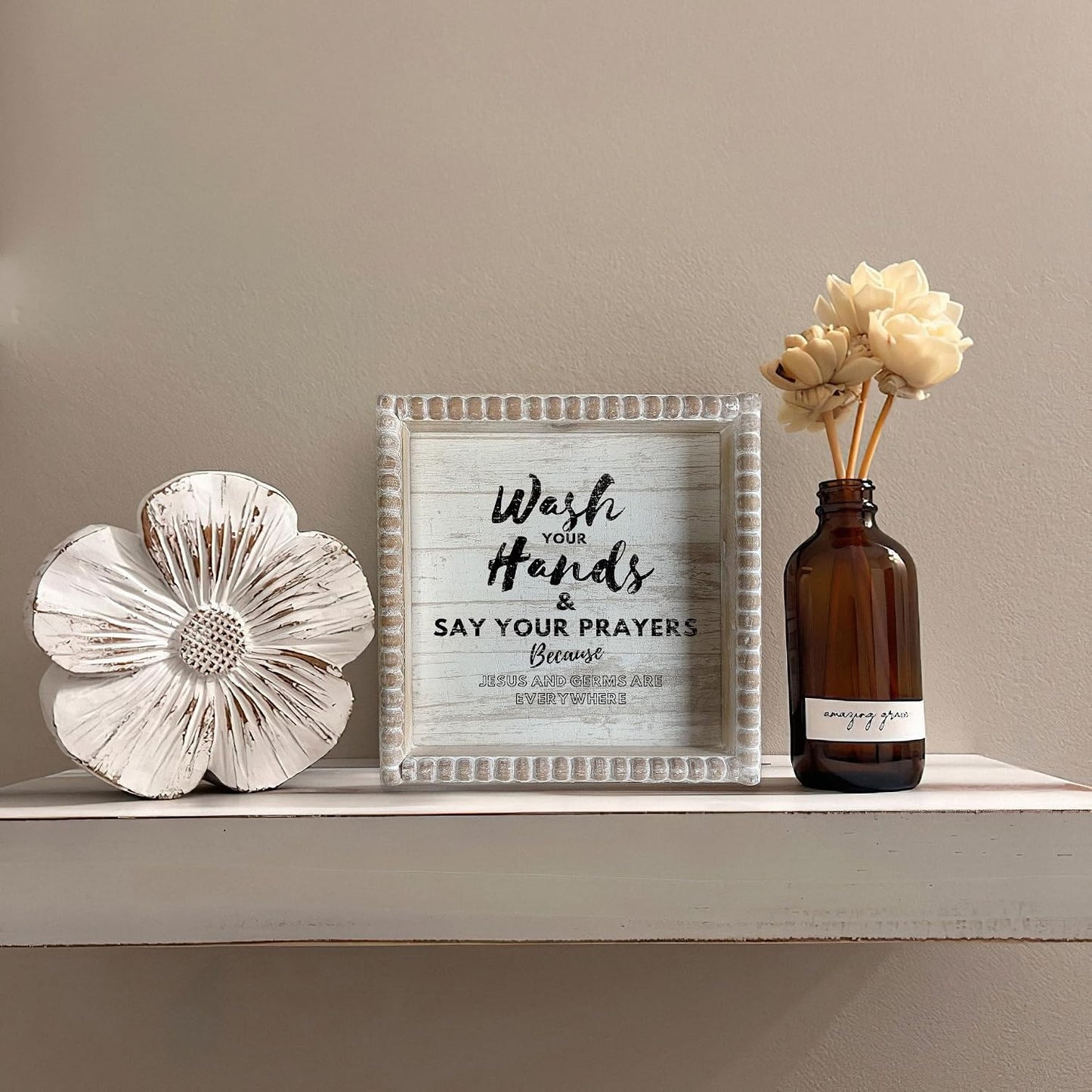 Boho Farmhouse Wooden Framed Bathroom Decor Signs, Funny Restroom Decorative Plaque Small Cute, Toilet Rules Shelf Decoration (Wash Your Hands)