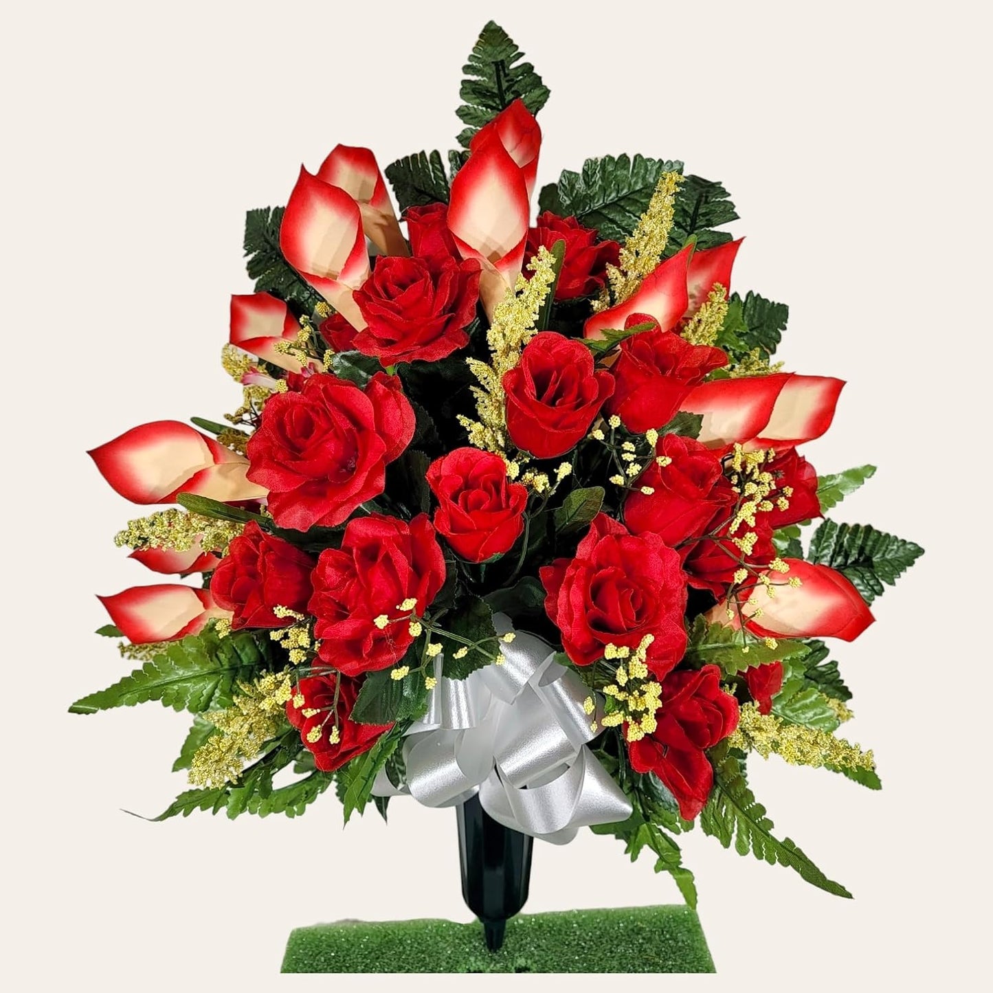 Realistic Artificial Cemetery Flowers - Jumbo Silk Faux Floral Red Rose and Calla Lily Bouquet for Grave - 1 Large Headstone Decoration - Memorial Flowers