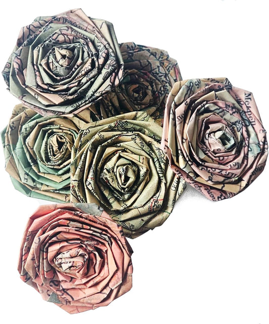 Inside My Nest Vintage Map Paper Rose Bouquet Vintage Home Decor Artificial Flora Flowers Gift for Her Him Travel Themed Destination Wedding Paper Flower Bouquets Handmade (Bunch of 6)