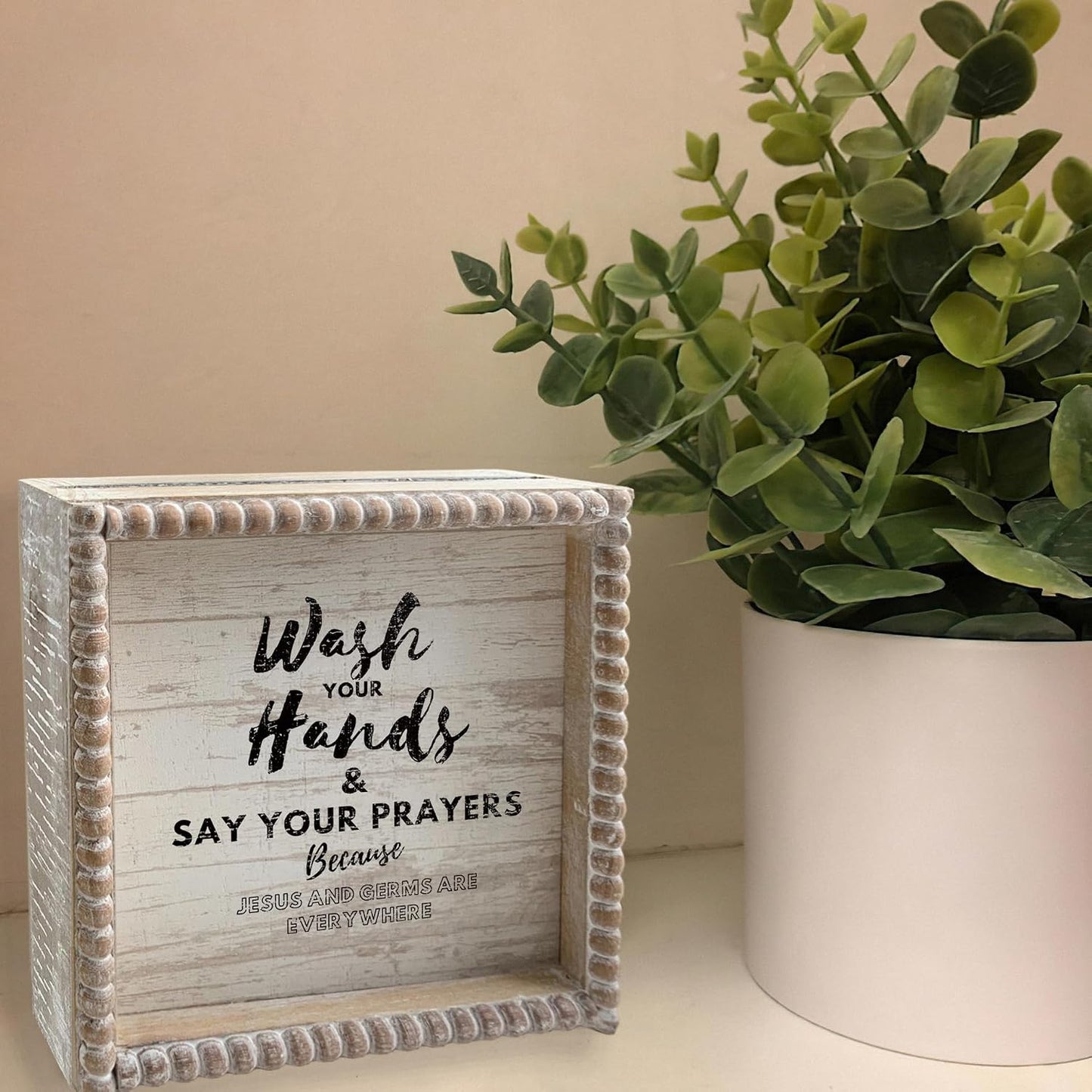 Boho Farmhouse Wooden Framed Bathroom Decor Signs, Funny Restroom Decorative Plaque Small Cute, Toilet Rules Shelf Decoration (Wash Your Hands)
