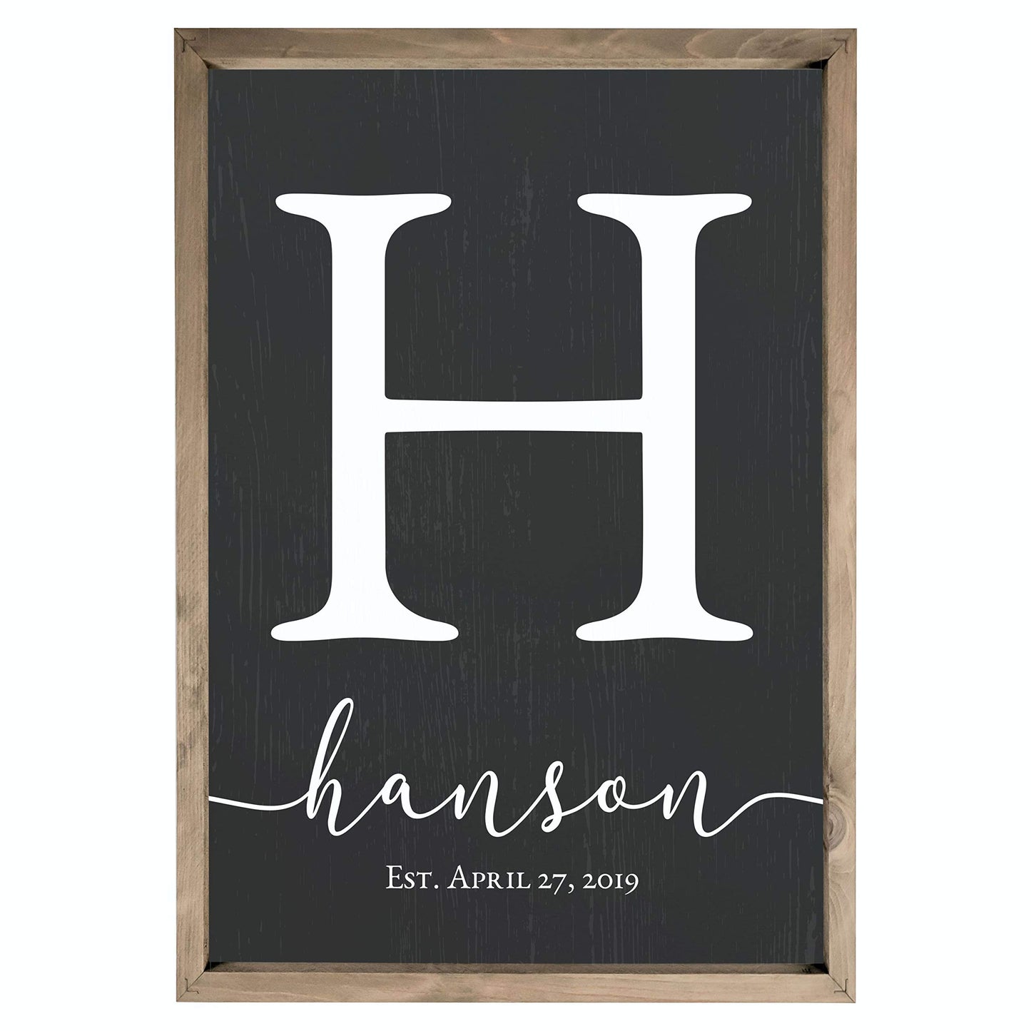 Personalized Monogram Framed Name Sign 12x18 – Custom Wall Decor Grey | solid poplar frame, white background, printed no decals, 4 sizes, add surname, wedding housewarming gift