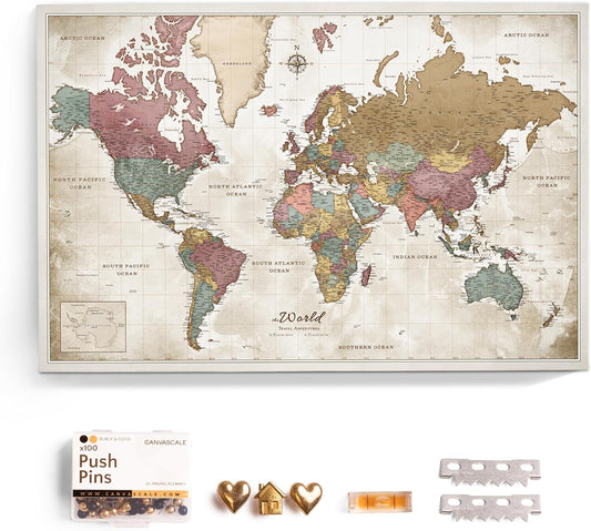 Canvas World Map with Cork Pin Board - English Lettering - Decorative Wall Decoration for All Rooms - Canvas Pictures with World Map Motif (70x50 cm, Pattern 20)