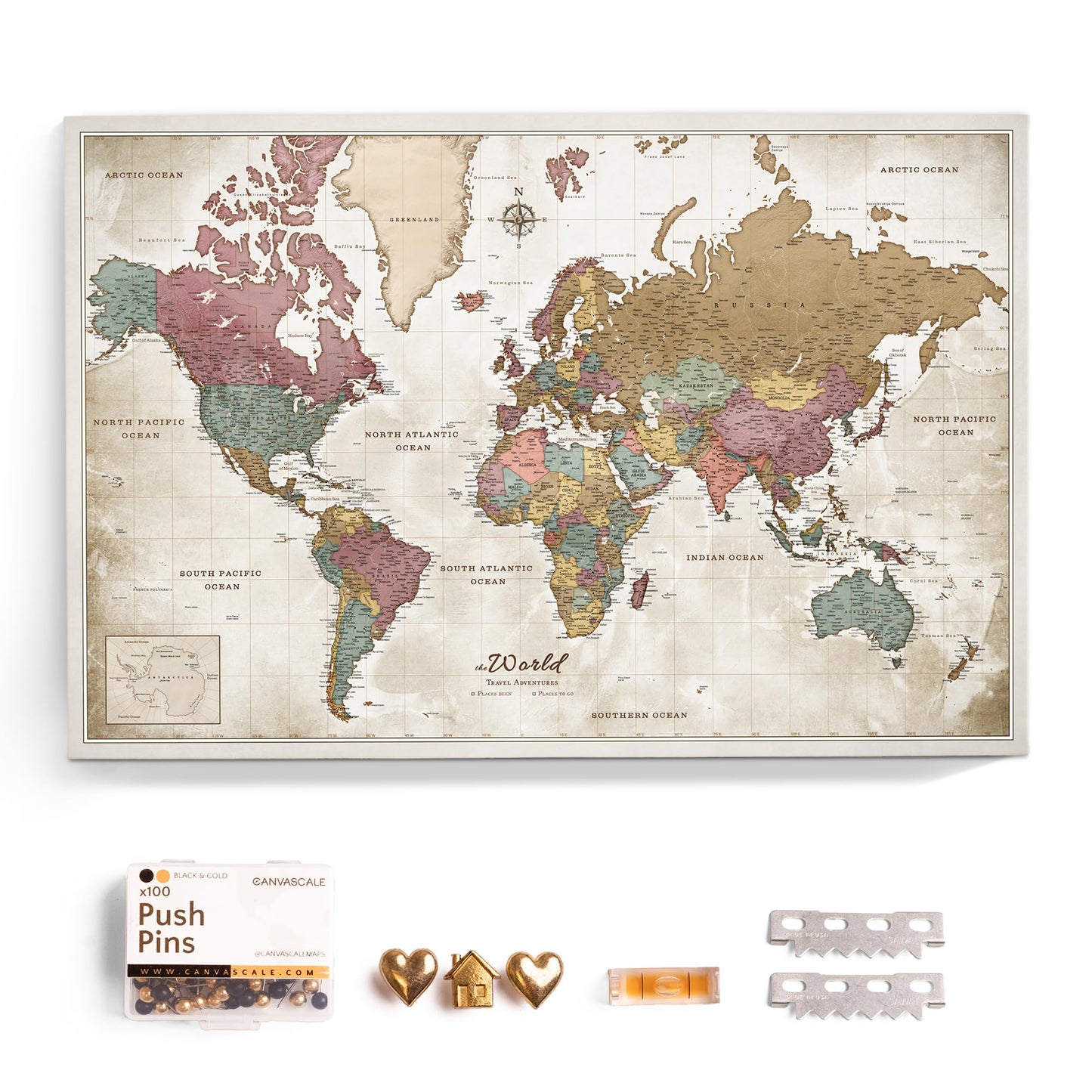 Canvas World Map with Cork Pin Board - English Lettering - Decorative Wall Decoration for All Rooms - Canvas Pictures with World Map Motif (70x50 cm, Pattern 20)