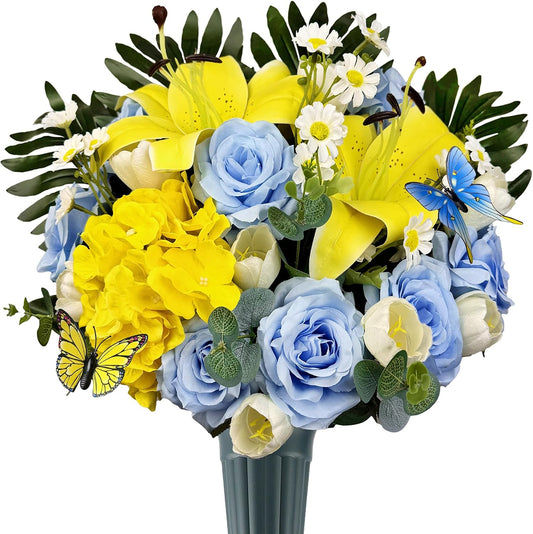 Handmade Cemetery Flower Bouquet with Grave Vase for Tombstone Decoration,Non-Bleed Color, Artificial Memorial Flower Arrangement of Rose Lily Daisy and Hydrangea, Blue and Yellow