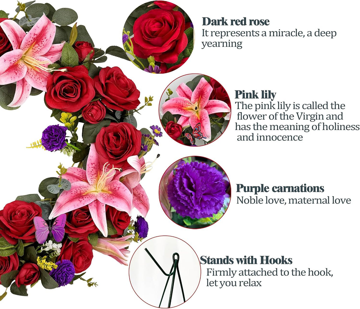 Cemetery Wreaths for Graves with 30 inch Easel Stand,Handmade Headstone Wreath Flower with Hanger, Artificial Rose Lily Daisy and Carnation,Red/Pink