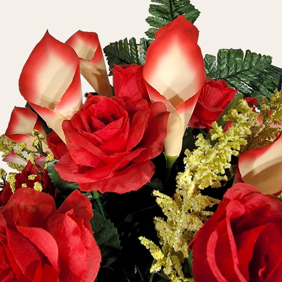 Realistic Artificial Cemetery Flowers - Jumbo Silk Faux Floral Red Rose and Calla Lily Bouquet for Grave - 1 Large Headstone Decoration - Memorial Flowers
