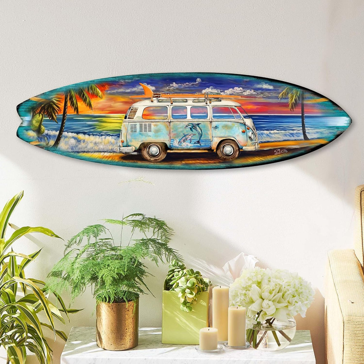 48-inch Surf Van at the Beach Wall Art, Handcrafted Coastal Holiday Décor by G. Debrekht