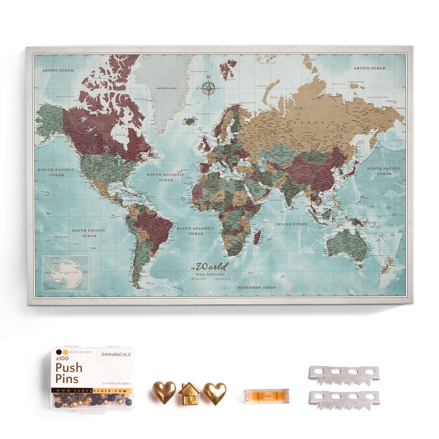 Canvas World Map with Cork Pin Board - English Lettering - Decorative Wall Decoration for All Rooms - Canvas Pictures with World Map Motif (70x50 cm, Pattern 20)