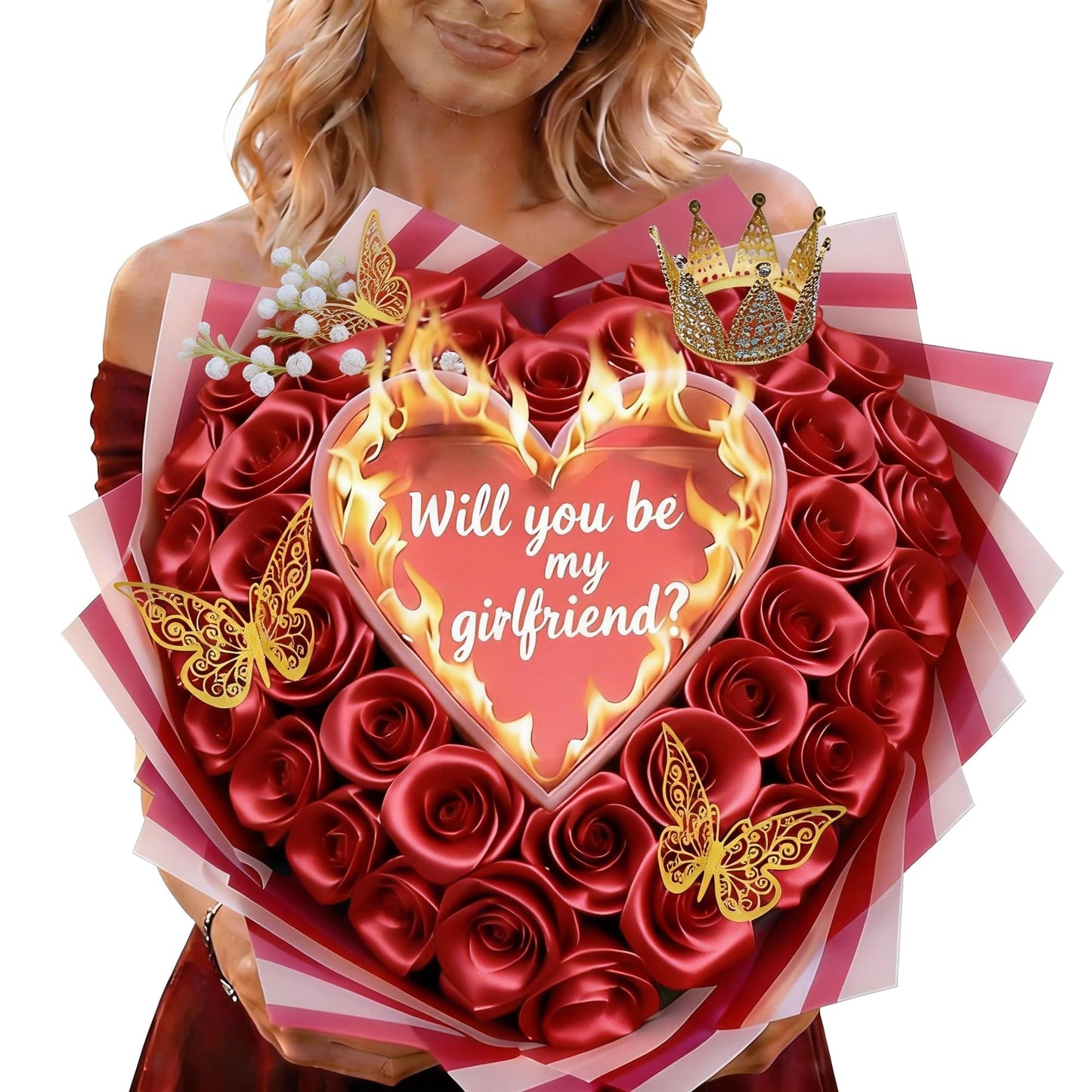 (Self-Assembly) Glitter Rose Bouquet with Initial, DIY Artificial Flowers | Custom Ribbon Text,DIY Glitter Rose Bouquet,Eternal Glitter Bouquet for Valentine's Day, Anniversary, Proposal, Birthday Gift