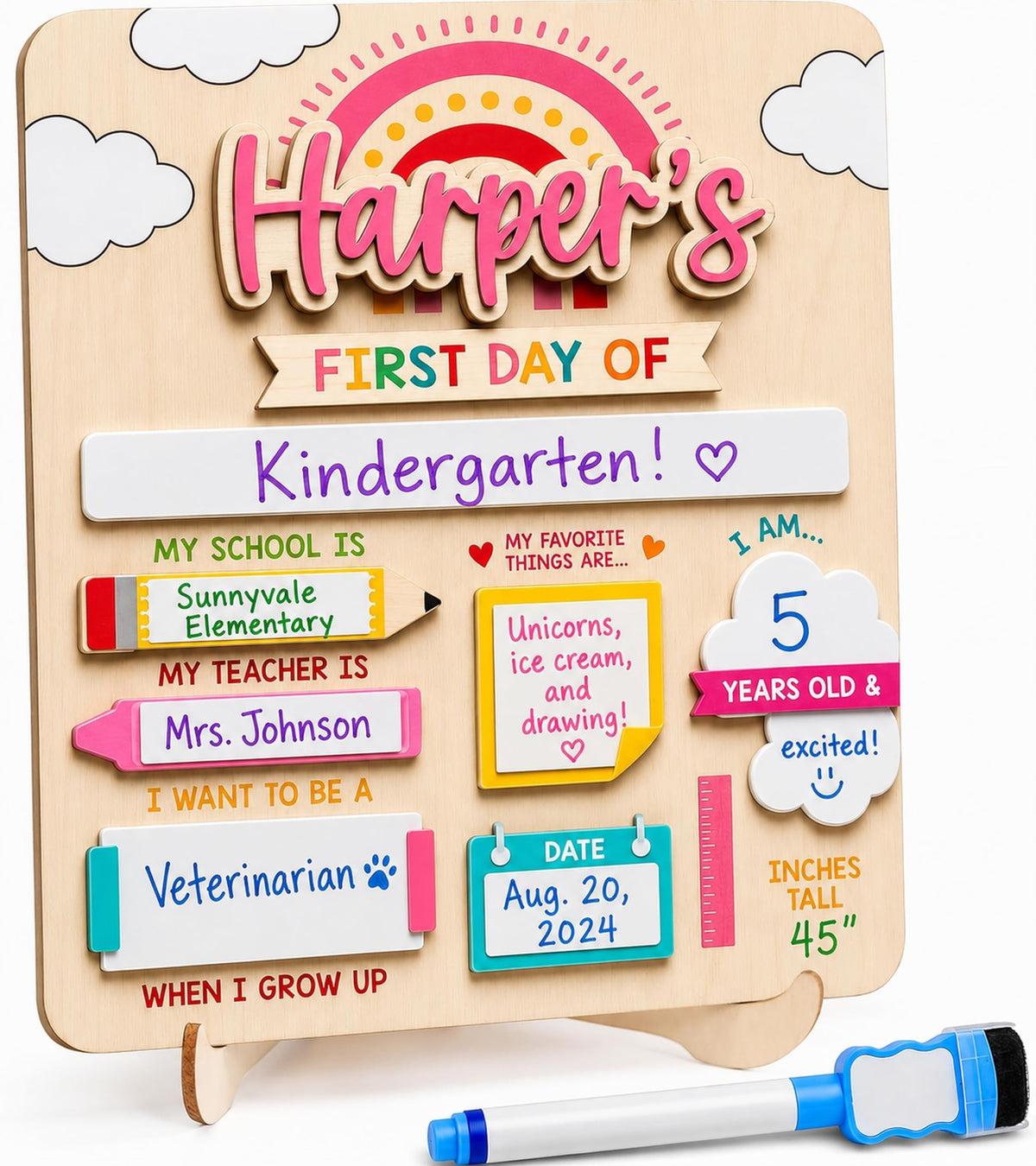 First & Last Day of School Board with Personalized Wood Name, Reusable Dry Erase School Sign for Preschool, Pre-K & Kindergarten, Back to School Keepsake Gift, Includes Marker (D19)