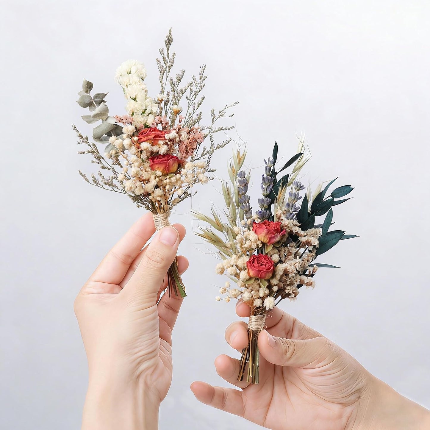 Mini Dried Flower Bouquet Set of 6, Pampas Grass Boho Wedding Table Centerpieces, Boutonniere for Men, Dry Flowers, Personalized Bridesmaid Gift Box, Small Bottles Decoration (Rose)