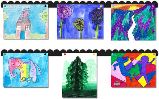 Scalloped Magnetic Art Display for Kids Artwork & Photos (Set of 2) – Kids Artwork Display for Wall – Magnetic Photo Display Strips with Push-Pin Magnets (Black, 35in)