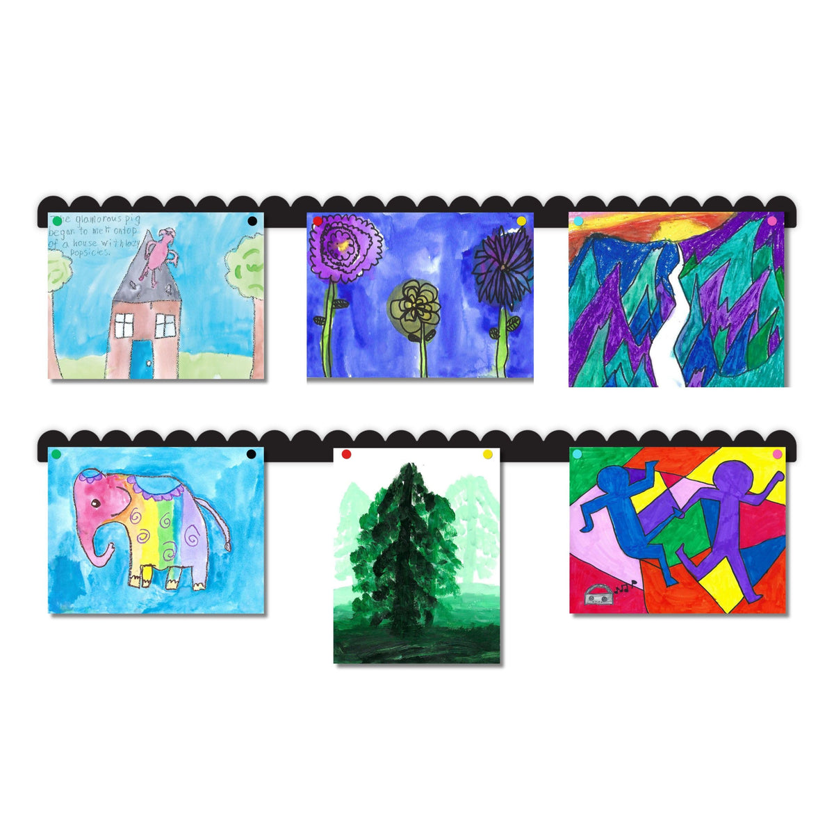 Scalloped Magnetic Art Display for Kids Artwork & Photos (Set of 2) – Kids Artwork Display for Wall – Magnetic Photo Display Strips with Push-Pin Magnets (Black, 35in)