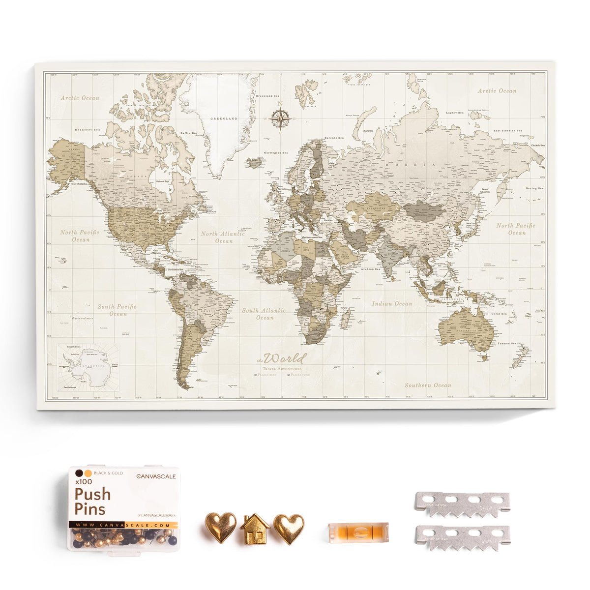 Canvas World Map with Cork Pin Board - English Lettering - Decorative Wall Decoration for All Rooms - Canvas Pictures with World Map Motif (70x50 cm, Pattern 20)