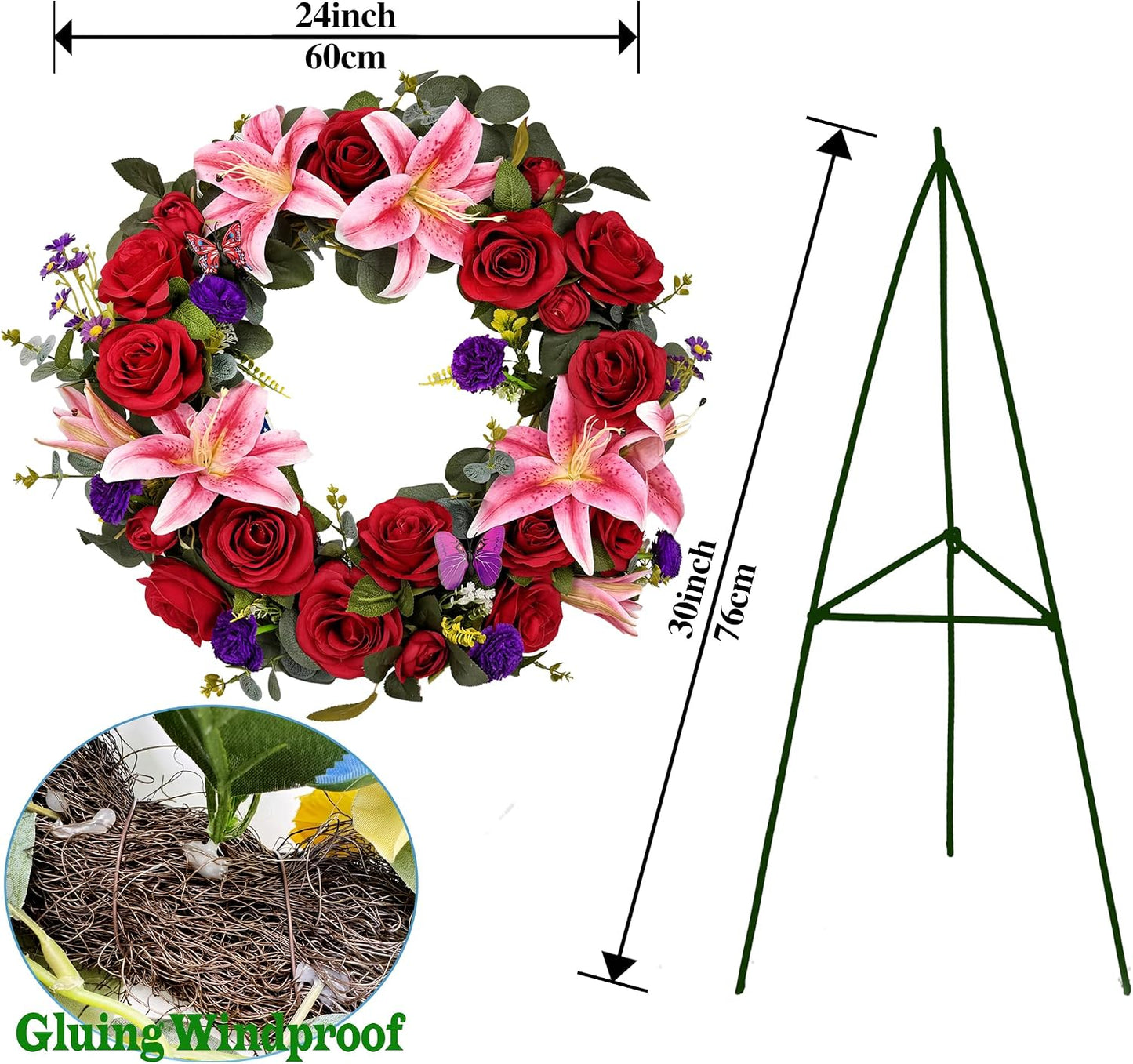 Cemetery Wreaths for Graves with 30 inch Easel Stand,Handmade Headstone Wreath Flower with Hanger, Artificial Rose Lily Daisy and Carnation,Red/Pink