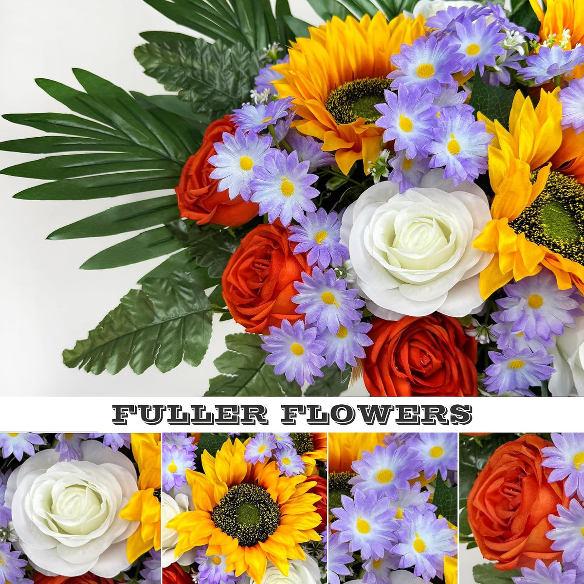 Artificial Cemetery Flowers for Grave,Memorial Flowers Bouquet with Vase for Headstones Decoration,Bright and Vibrant Sunflower Rose Daisy